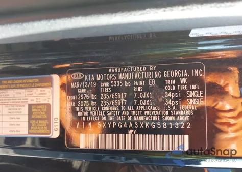 2019 Kia Sorento 2.4L L from USA, damaged, VIN 5XYPG4A3XKG581322